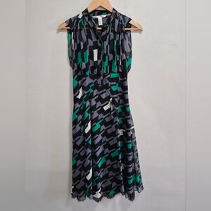 Diane Von Furstenberg Finola Silk Lace Trim Dress Geometric Pattern Size 2